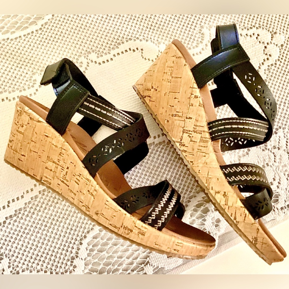 Skechers Black and Tan Cork Wedge Sandals